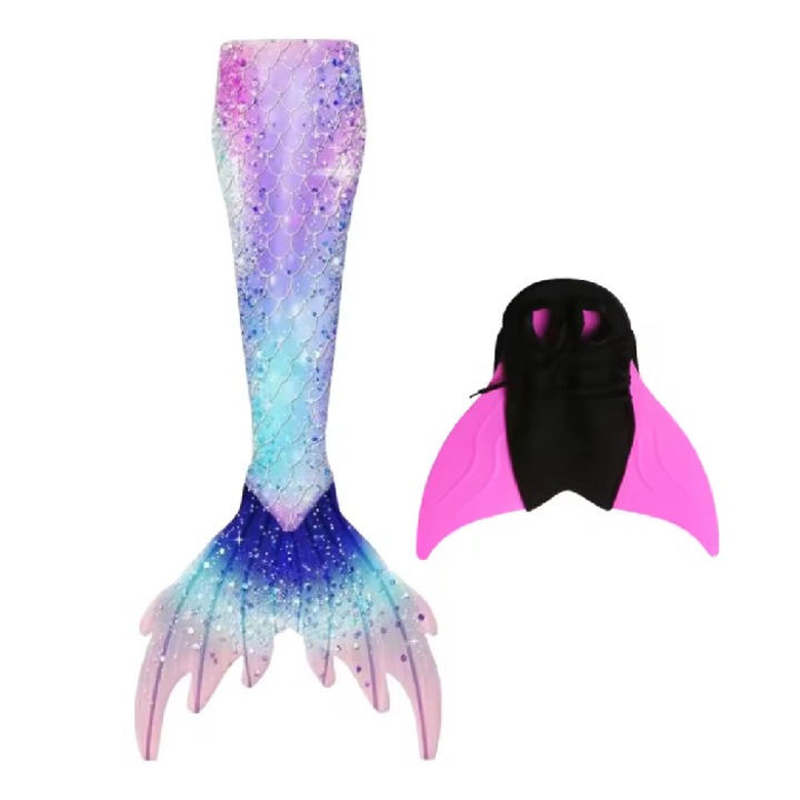 Set 2 piese Costum de baie Model Sirena, include si Inotatoarea pentru fixarea cozii, Albastru