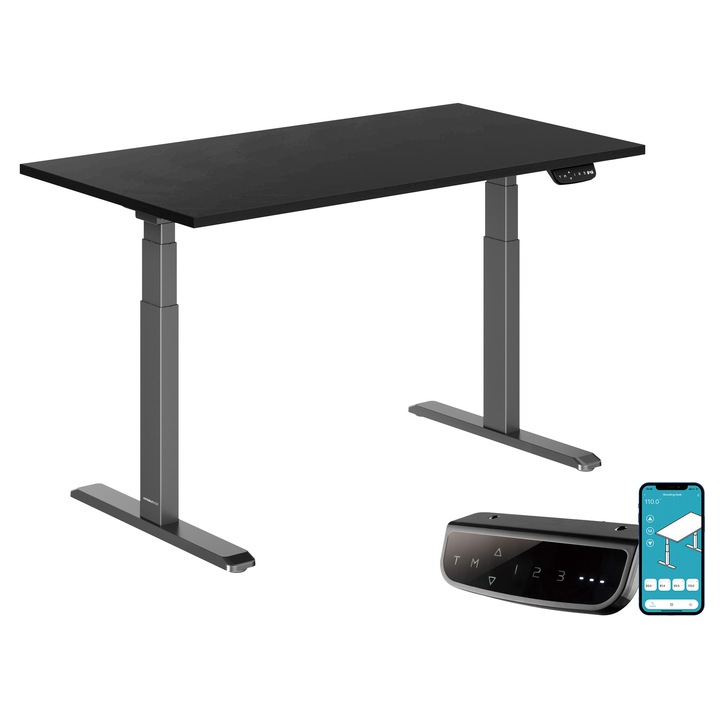 Електрическо регулируемо бюро StableDesk Pro, 2 мотора, товароносимост 125 кг, кабелен органайзер, сензорен екран, приложение за смартфон, ергономично, 3 памет функции, таймер, височина 62-128 см, матова черна рамка, плот 150x75 см, 25 мм