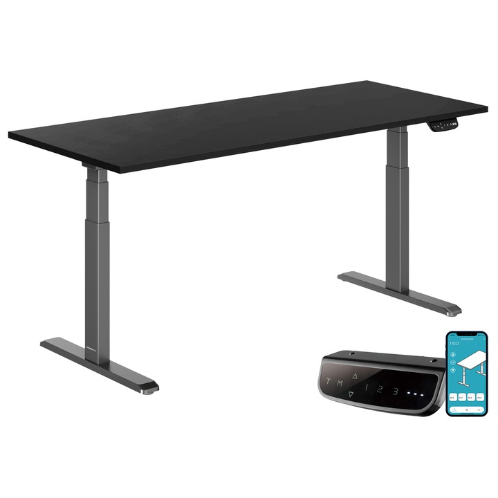 Електрическо регулируемо бюро StableDesk Pro, 2 мотора, товароносимост 125 кг, кабелен органайзер, сензорен екран, приложение за смартфон, ергономично, 3 функции за памет, таймер, височина 62-128 см, матова черна рамка, черен плот 180x75 см, 25 мм