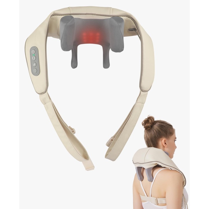 Масажор за врат и гръб, 5D шиацу, Топлинен, Преносим, Водоустойчив PU материал, Бързо зареждане