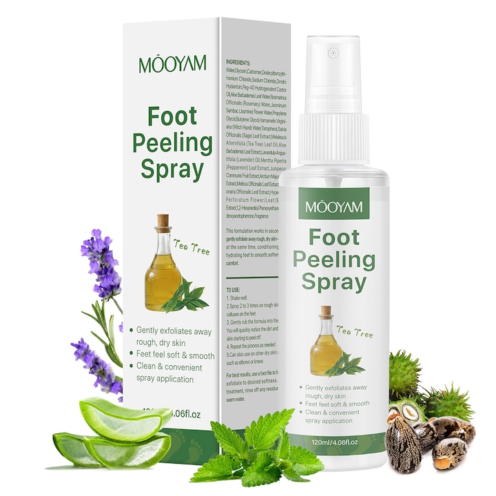 Mooyam Spray exfoliant pentru picioare Tratament exfoliant pentru pielea moarta si bataturi Hidrateaza calcaiele crapate Promoveaza picioare moi si netede Aplicare usoara prin pulverizare