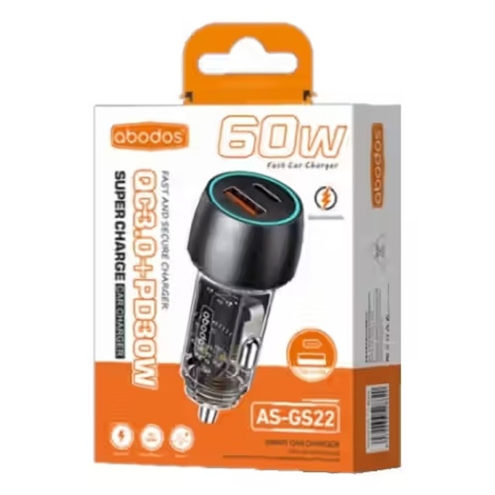 Încărcător 12-24V / 60W Digital One SP01134, Abodos as-gs22, Tip C + USB, Încărcare rapidă, PD30W+QC3.0, Încărcare rapidă, Încărcare inteligentă, Pentru mașină
