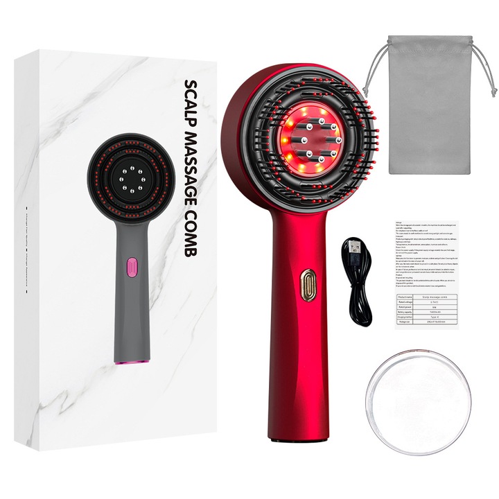Perie Multifunctionala Regenerare Par RedLight Massager, 3 moduri de masaj personalizate, Reduce Caderea Parului si Stimuleaza Cresterea, Incarcare USB + Geanta Transportabila, IPX7 rezistenta la apa
