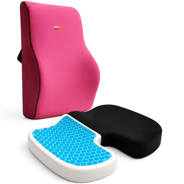 Комплект 2 ортопедични възглавници Linomag, Ортопедична възглавница за сядане с мемори пяна и охлаждащ гел + Пълна лумбална възглавница, За офис стол или автомобил, Черен/Розов