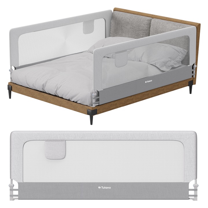 Bariera de protectie pentru pat, margine de siguranta 200 Cm Tulano Cover 30, cu inaltime ajustabila 70-83cm, Alb/Gri