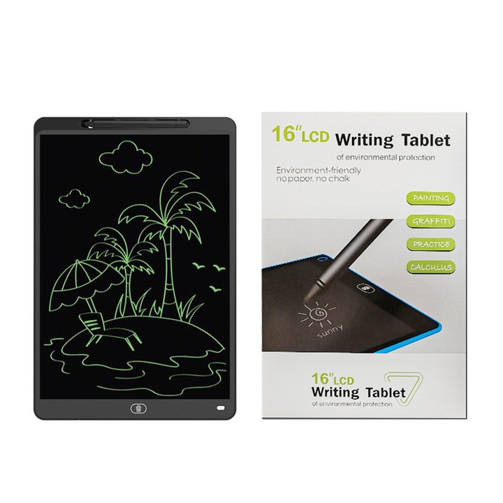 Tableta de scris LCD pentru copii de 16 inci - Scris de mana monocrom, Negru, Tabla de desen electronica ecologica