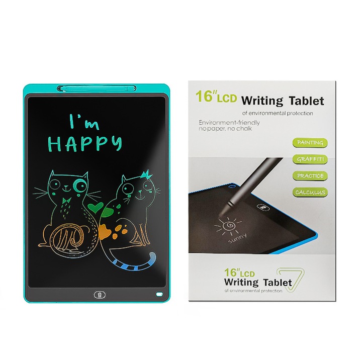 Tableta de scris LCD pentru copii de 16 inci - Text colorat, albastra, tabla de desen electronica ecologica