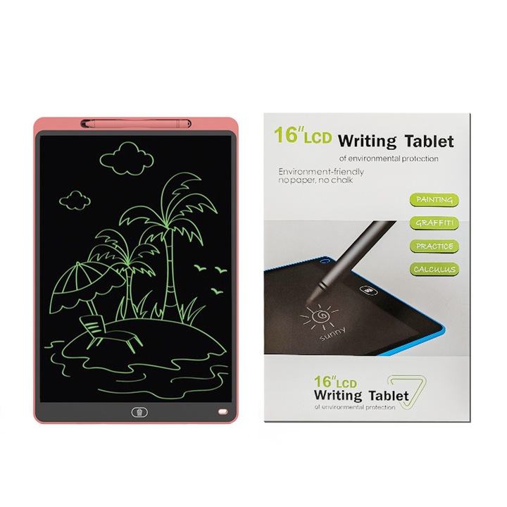 Tableta de scris LCD pentru copii de 16 inci - Scris de mana monocrom, roz, tableta electronica de desen ecologica