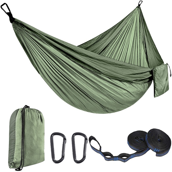 Hamac din panza de parasuta pentru exterior - Hamac de camping din nailon cu curele si carabine pentru copaci, disponibile in mai multe culori