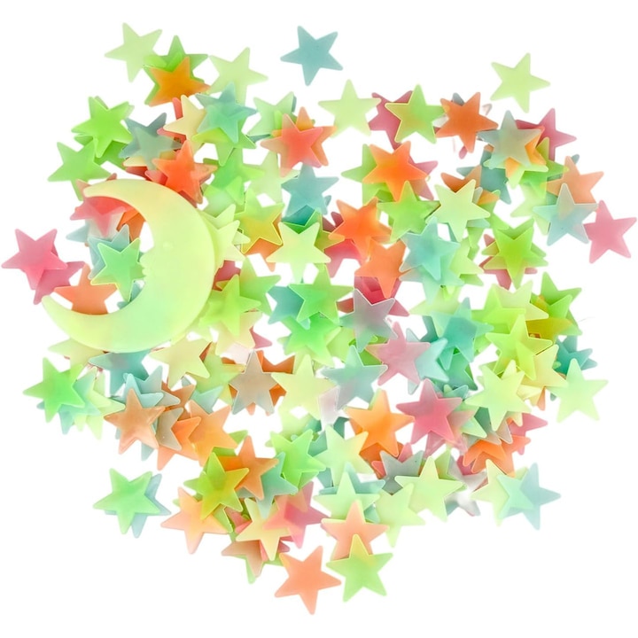 Комплект Декоративни 3D Светещи в Тъмното Звезди, 200 Цветни Звезди от 3см и 1 Голяма Луна от 8см, Декорация за Детска Стая, Многоцветен