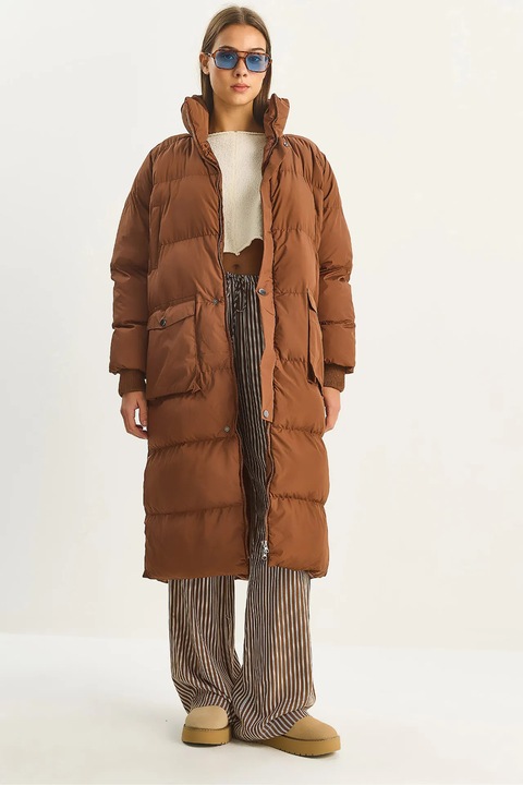 Geaca puffer lunga HiCCUP, oversize, maro, textil, S-M INTL