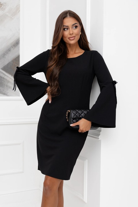 Rochie neagra eleganta cu maneci evazate si panglici decorative, Negru