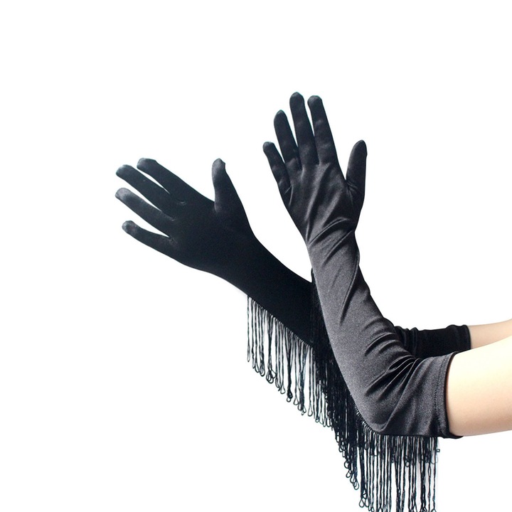 Manusi dama, RDWESZOD, manusi lungi din satin cu franjuri, negru, 49x10cm, set 1 pereche