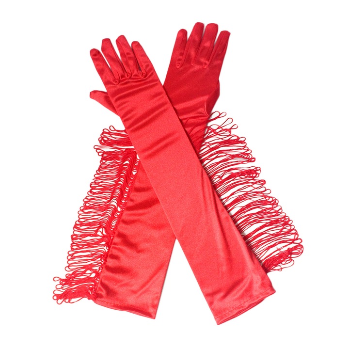 Manusi dama, RDWESZOD, satin lungi cu franjuri, rosu, 49x10cm, set 1 pereche