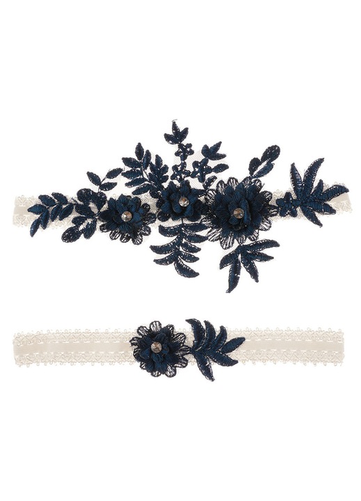 Set 2 Piese Ciorapi de Mireasa, RDWESZOD, Design Floral, Albastru Inchis, Dimensiune Unica