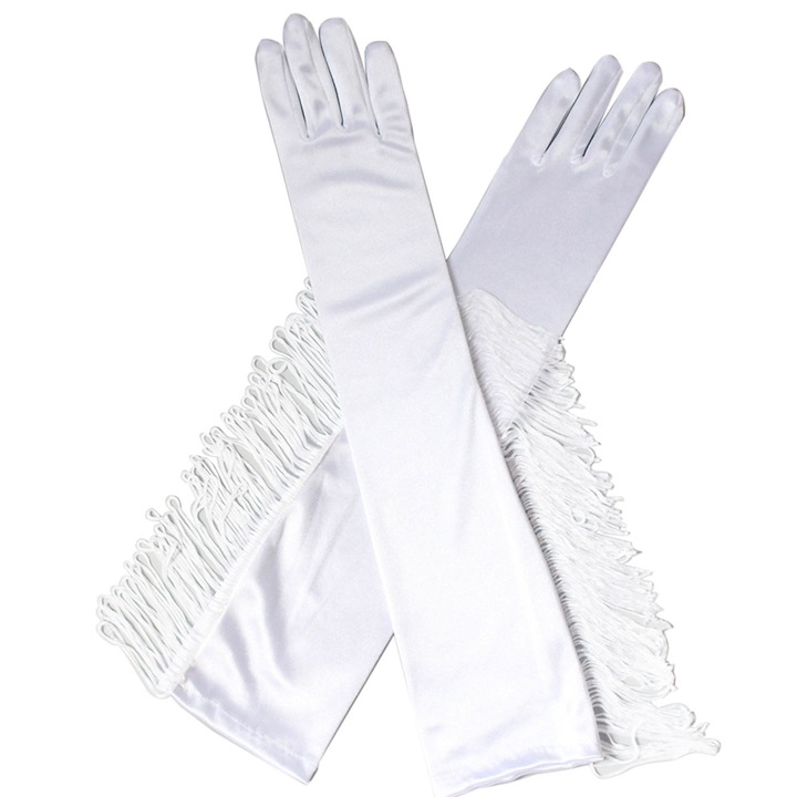 Manusi dama, RDWESZOD, satin, franjuri, alb, 49x10cm, set 1 pereche