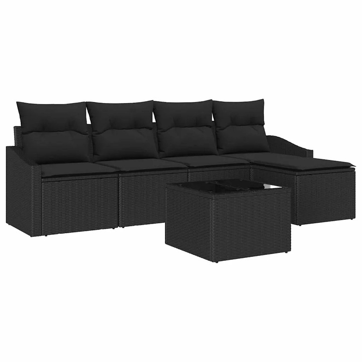 Set de canapea cu perna 6 pcs Negru poliratan, vidaXL, 3346693
