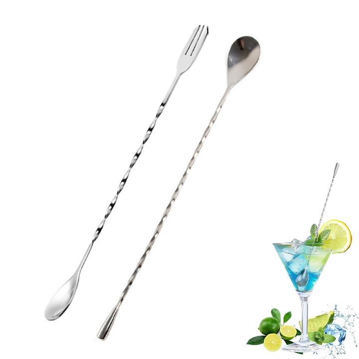 Set 2 Linguri de Cocktail din Inox, Argintii, 30x3.1cm si 32x2.6cm