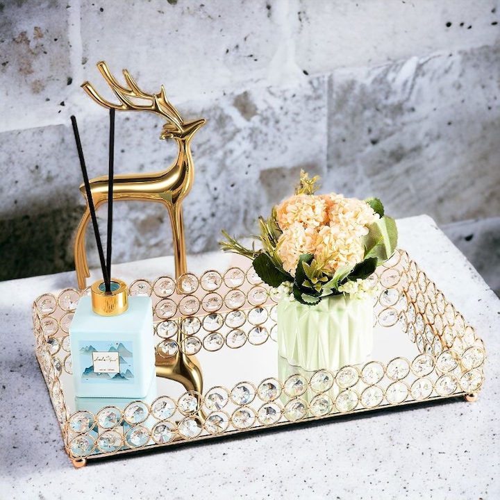 Platou prajituri, Luxury InfinityMag, metal, cristale gold, 30x45cm