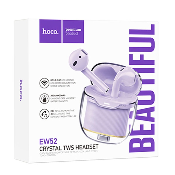 Vezeték nélküli fülhallgató Hoco (EW52), Vezeték nélküli fülhallgató, Ear Buds, BT 5.3, 180 óra készenlét, 300mAh, Kristály, Lila