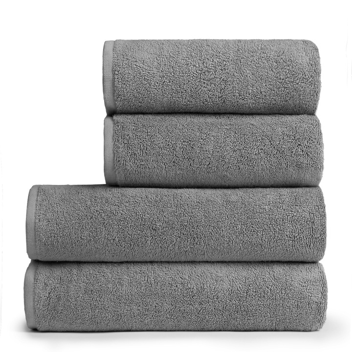 Set 4 prosoape calitate premium, 580 g/ m², 100 % bumbac, Pure Terry, cu agatatoare, foarte moi, absorbante, rezistente la spalari multiple, certificat OEKO TEX, Prosop de baie 70x140 cm si prosop de maini 50x100 cm cate 2 bucati, culoare gri echilibrat