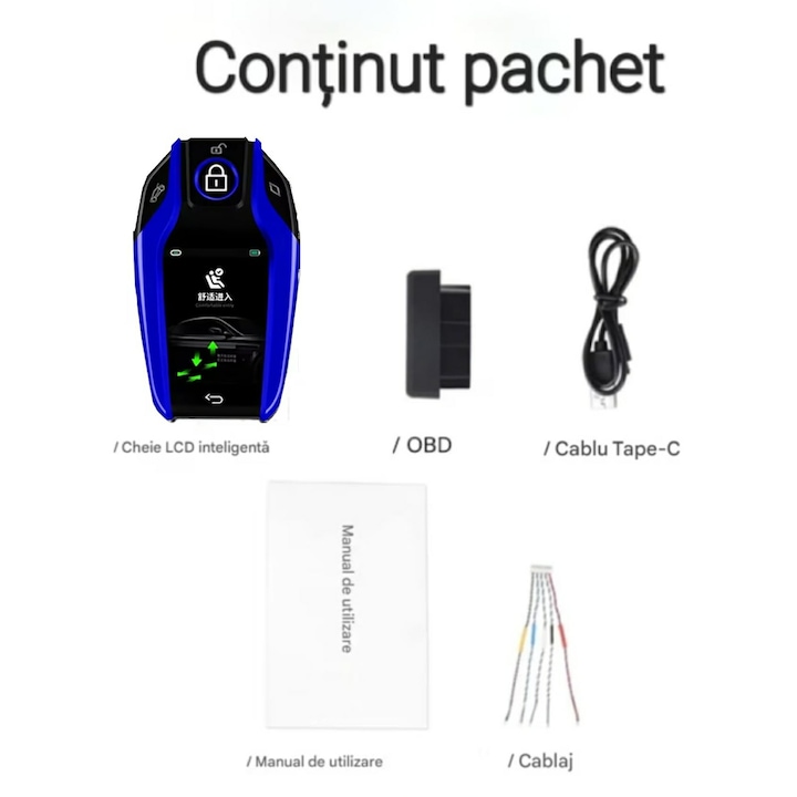 Cheie Auto Smart CerCip SK01, Albastru, Ecran LCD cu touch, 4 Butoane, Activare Keyless Entry, Deschidere si inchidere automata usi, Inchidere automata geamuri, Programare portbagaj, Aplicatie, Universala, Logo