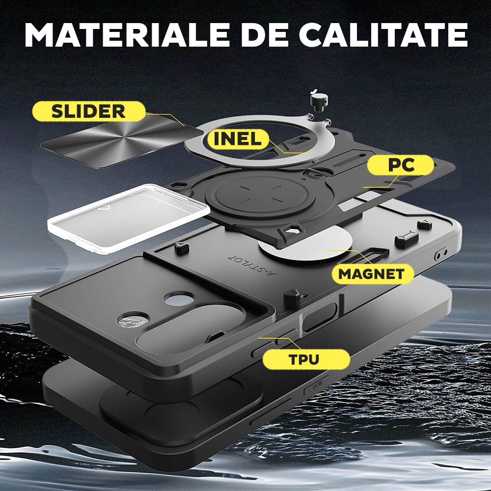 Husa pentru Xiaomi Redmi 15C 4G / Redmi 15C 5G, CamGuard Pro Kickstand, Slider Camera, Antisoc, Protectie Superioara, Negru