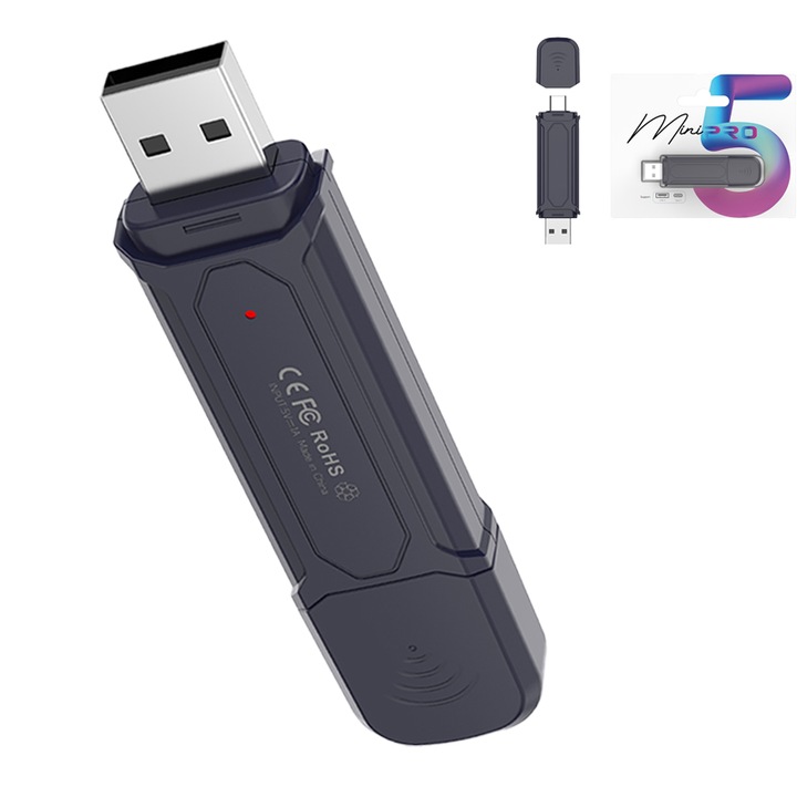 Adaptor wireless 2-in-1 pentru masina Compatibil cu vehiculele echipate din fabrica cu CarPlay cu fir Conexiune automata plug-and-play Hub inteligent pentru masina Bluetooth 5.2 WiFi standard de 2,4 si 5 GHz Adaptoare USB si USB Type-C Albastru intens