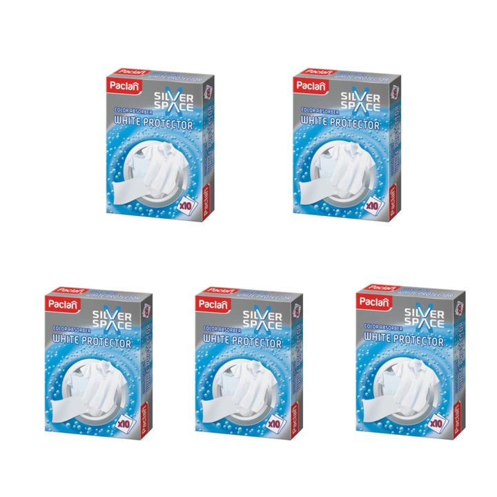 Комплект 5 x Комплект 10 кърпички за избелване на пране Paclan Silver Space, за запазване на яркия цвят