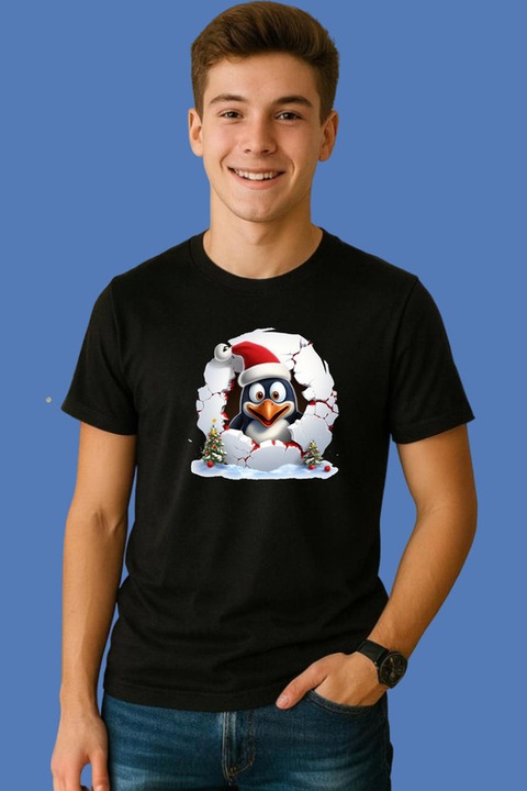 Tricou Pinguin Cu Fundal Alb Si Braduti Craciun 2, Barbat, Craciun, 100% Bumbac, Cri-Flo, Negru, Negru