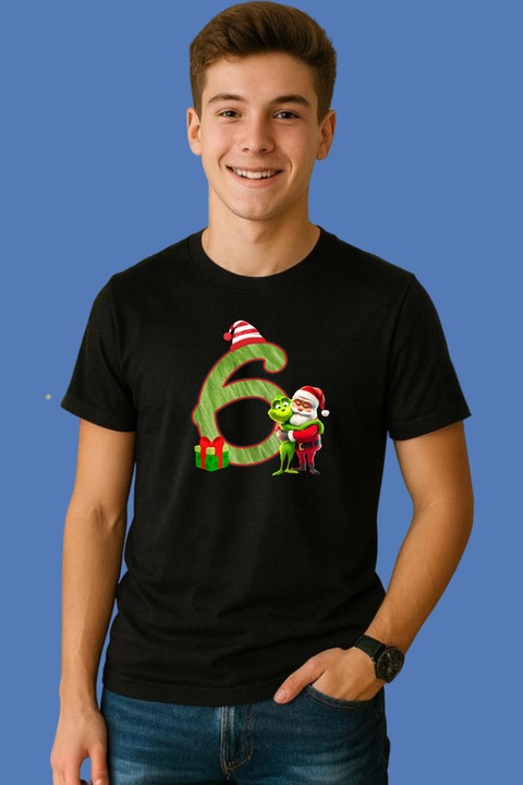 Tricou 6 Numar Craciun Cu Mos Si Spiridus Verde, Barbat, Craciun, 100% Bumbac, Cri-Flo, Culoare Negru, Marime 2XL
