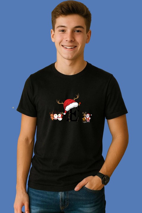 Tricou E Litera Cu Luminite Reni Si Mos Craciun, Barbat, Craciun, 100% Bumbac, Cri-Flo, Culoare Negru, Marime XL