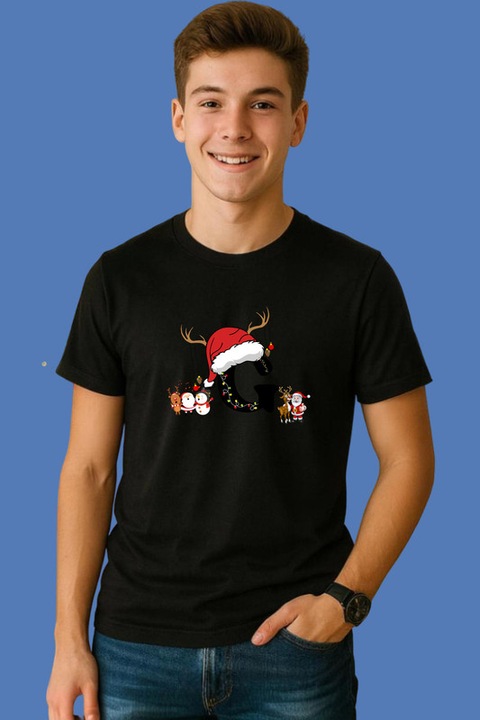 Tricou G Litera Cu Luminite Reni Si Mos Craciun, Barbat, Craciun, 100% Bumbac, Cri-Flo, Culoare Negru, Marime XL
