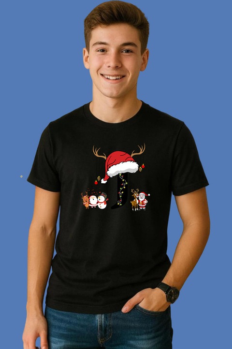 Tricou J Litera Cu Luminite Reni Si Mos Craciun, Barbat, Craciun, 100% Bumbac, Cri-Flo, Culoare Negru, Marime 3XL
