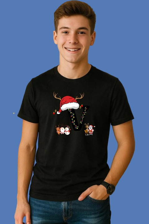 Tricou V Litera Cu Luminite Reni Si Mos Craciun, Barbat, Craciun, 100% Bumbac, Cri-Flo, Culoare Negru, Marime 3XL