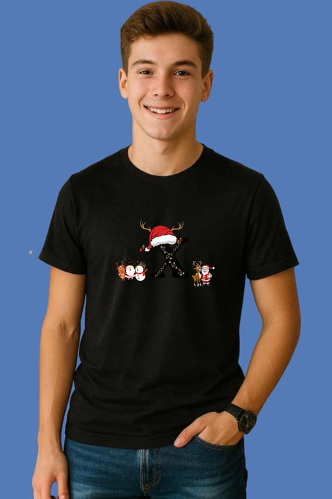 Tricou X Litera Cu Luminite Reni Si Mos Craciun, Barbat, Craciun, 100% Bumbac, Cri-Flo, Culoare Negru, Marime XL