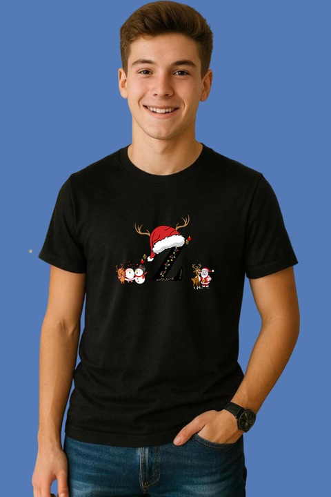 Tricou Z Litera Cu Luminite Reni Si Mos Craciun, Barbat, Craciun, 100% Bumbac, Cri-Flo, Culoare Negru, Marime XL