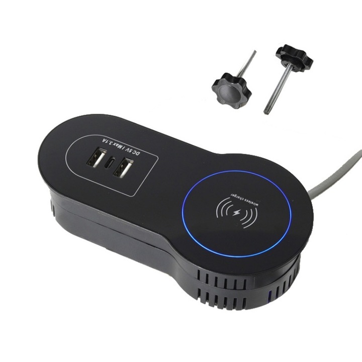 Вграден контакт, AjieQaQ, 1 безжичен, 2 USB-A, 1 USB-C, захранващ кабел 1,5 м, стандарт за зареждане 15 W, вградено безжично зарядно устройство, подходящо за офиси, дивани и нощни шкафчета, черен