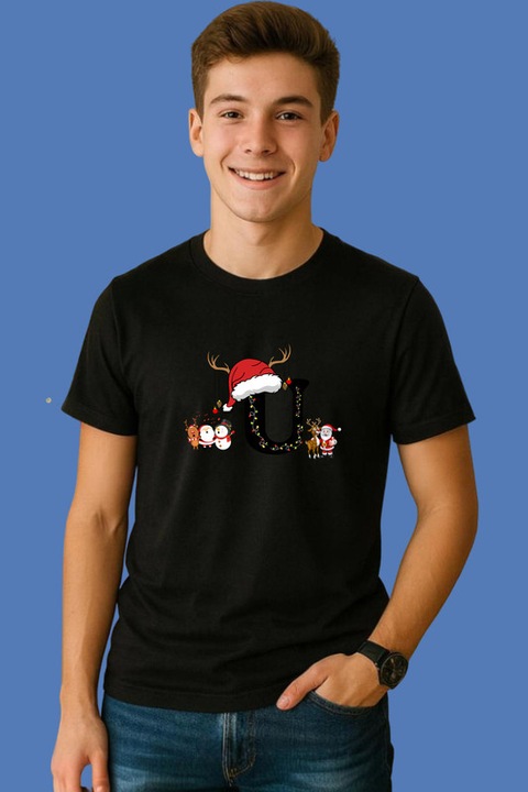 Tricou U Litera Cu Luminite Reni Si Mos Craciun, Barbat, Craciun, 100% Bumbac, Cri-Flo, Culoare Negru, Marime XL