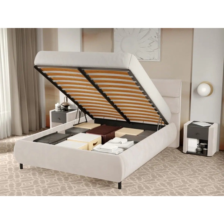 Pat Tapitat Cairo, Rabatabil cu Perne pe Spatar, 180x200, Crem/Velluto 2