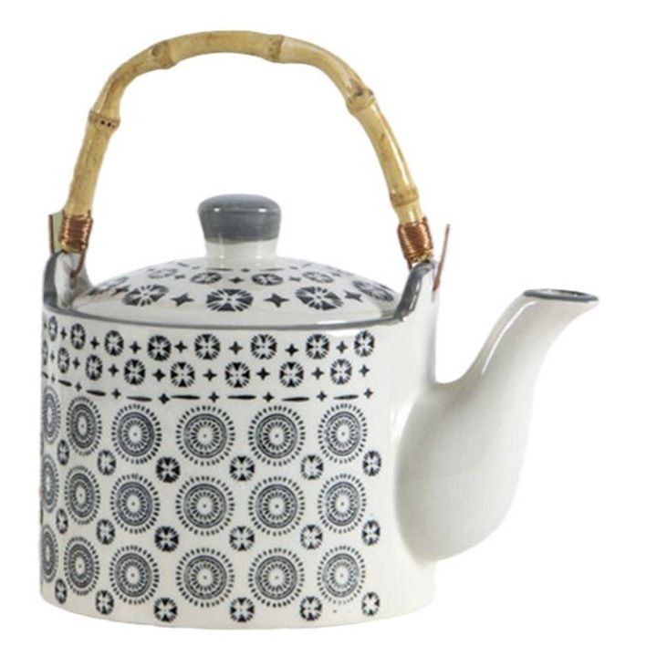 Ceainic ceramica, maner din bambus, capacitate 85 cl, 21x13,2x20,3 cm, culoare alb cu modele orientale flori