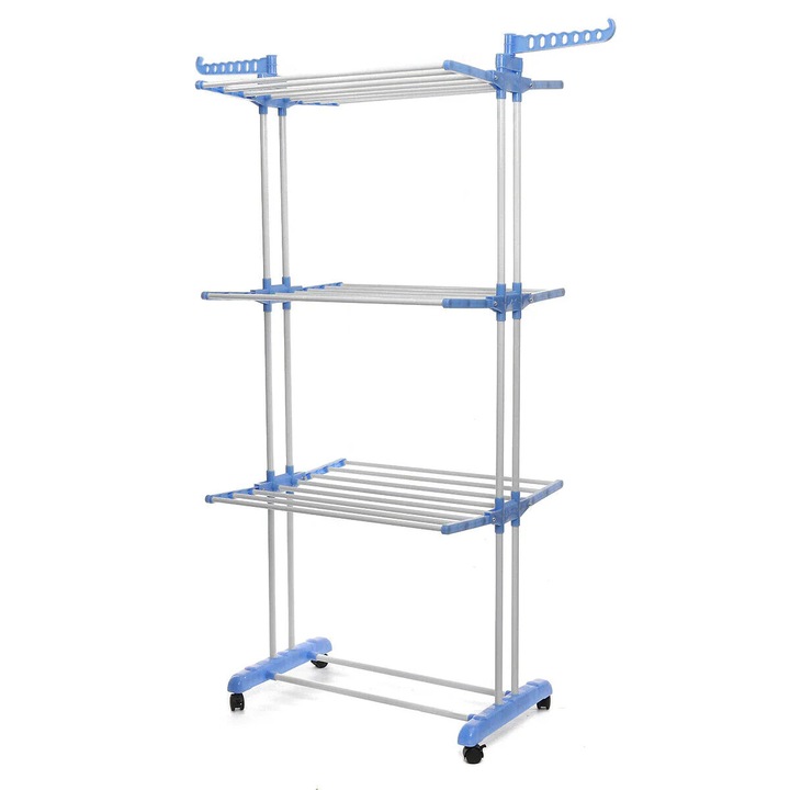 Függőleges, mobil és összecsukható ruhaszárító akasztótartóval, 173 cm magasság, fehér