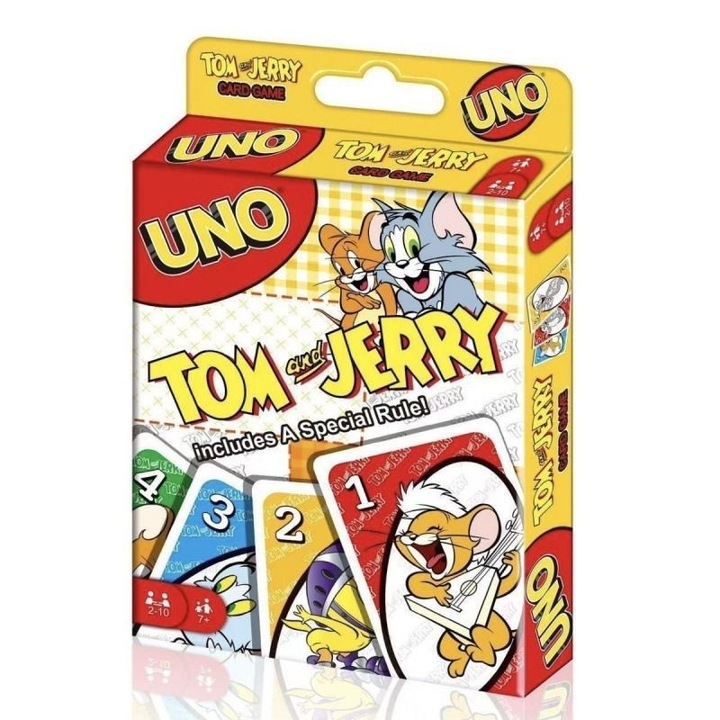 Set de carti de joc Uno, tema Tom si Jerry, pentru intalniri de familie si jocuri educationale