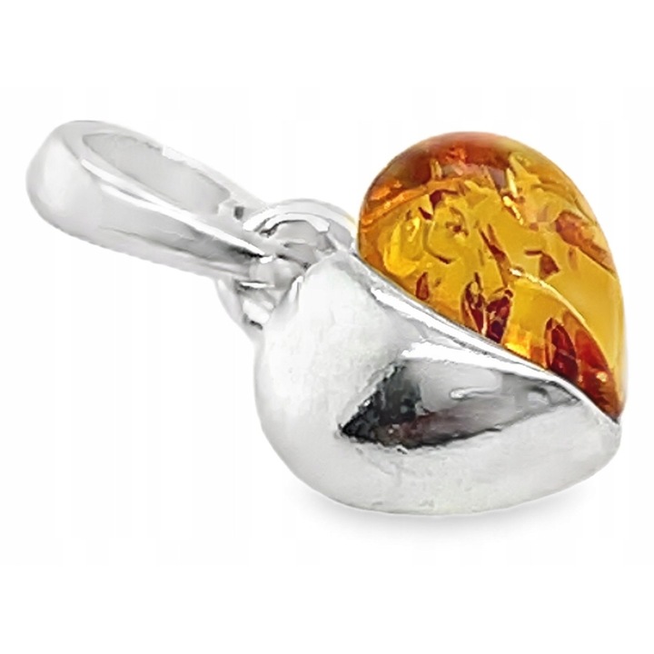 Pandantiv din argint cu chihlimbar, inima, 10.4x18mm, chihlimbar coniac