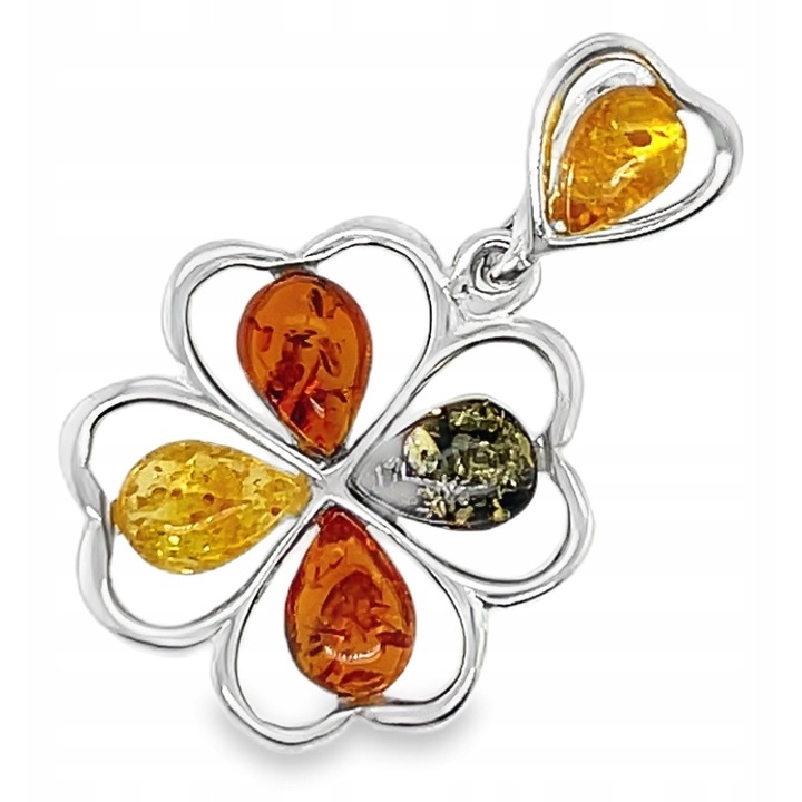 Pandantiv din argint cu chihlimbar, model trifoi, culoare chihlimbar, dimensiuni 18.5x29.7mm