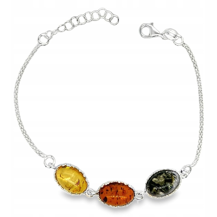 Bratara din argint cu chihlimbar coniac, verde si galben, 20cm