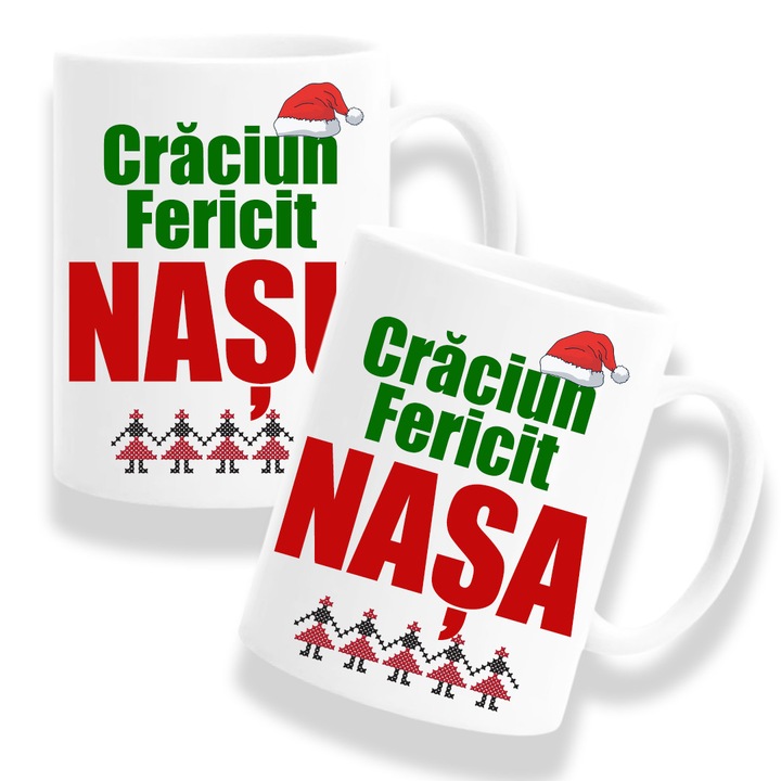 Set 2 cani cu mesaj:"Craciun fericit nasu/nasa", Craciun, Model 1, Betaprint, alba, 330ml