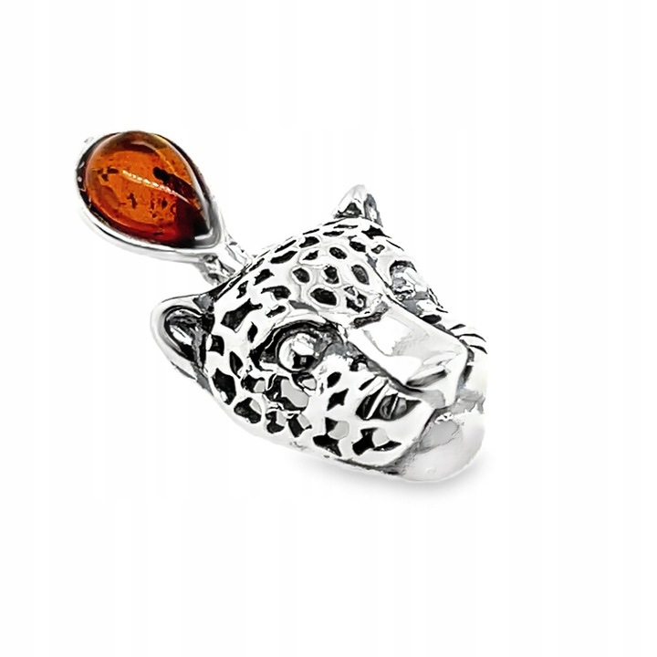 Pandantiv din argint cu chihlimbar, model leopard, chihlimbar coniac, 13.20x25mm