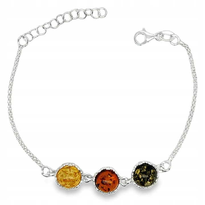 Bratara din argint cu chihlimbar coniac, verde si galben, 19cm