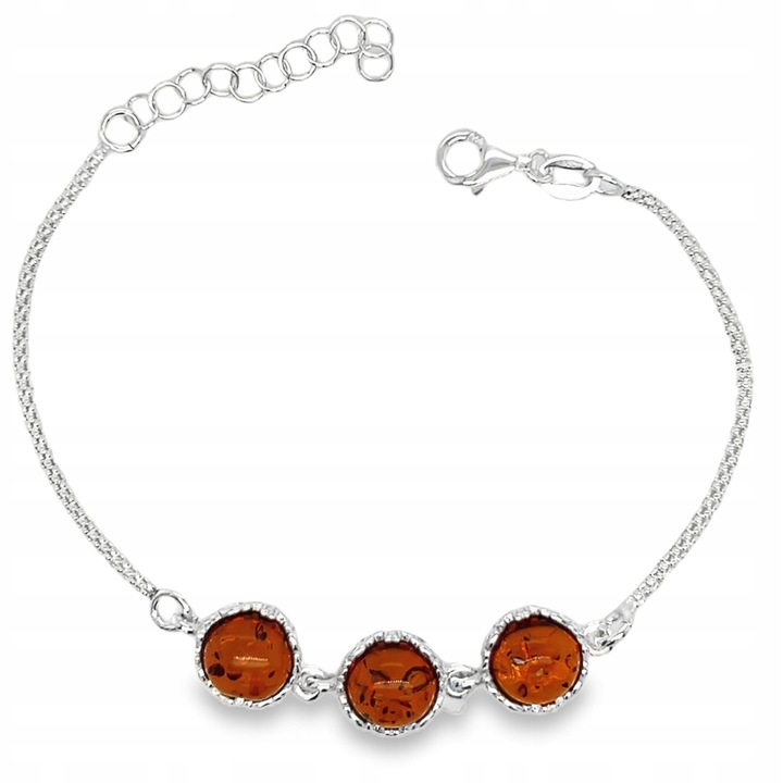 Bratara din argint cu chihlimbar, 19cm, 3 pietre, chihlimbar coniac, argint 925